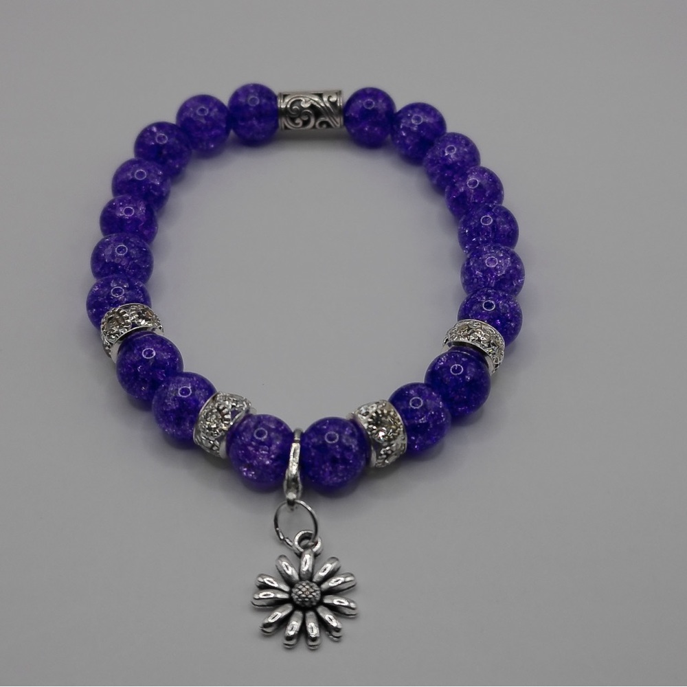Purple Cracled Quartz Gemstone Bracelet with Silver Flowe Charm